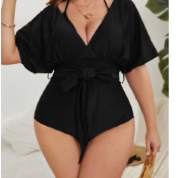 SHEIN Swim Curve Plus Solid Belted One Piece Swimsuit - Picture 1 of 5